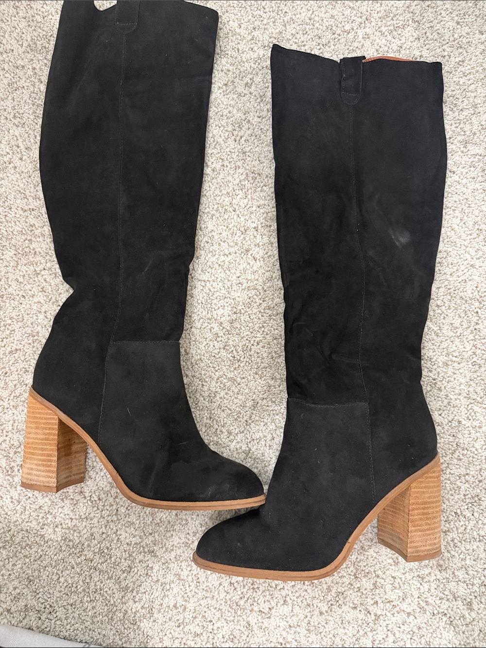 Women's Black Suede Knee-High Block Heel Boots
